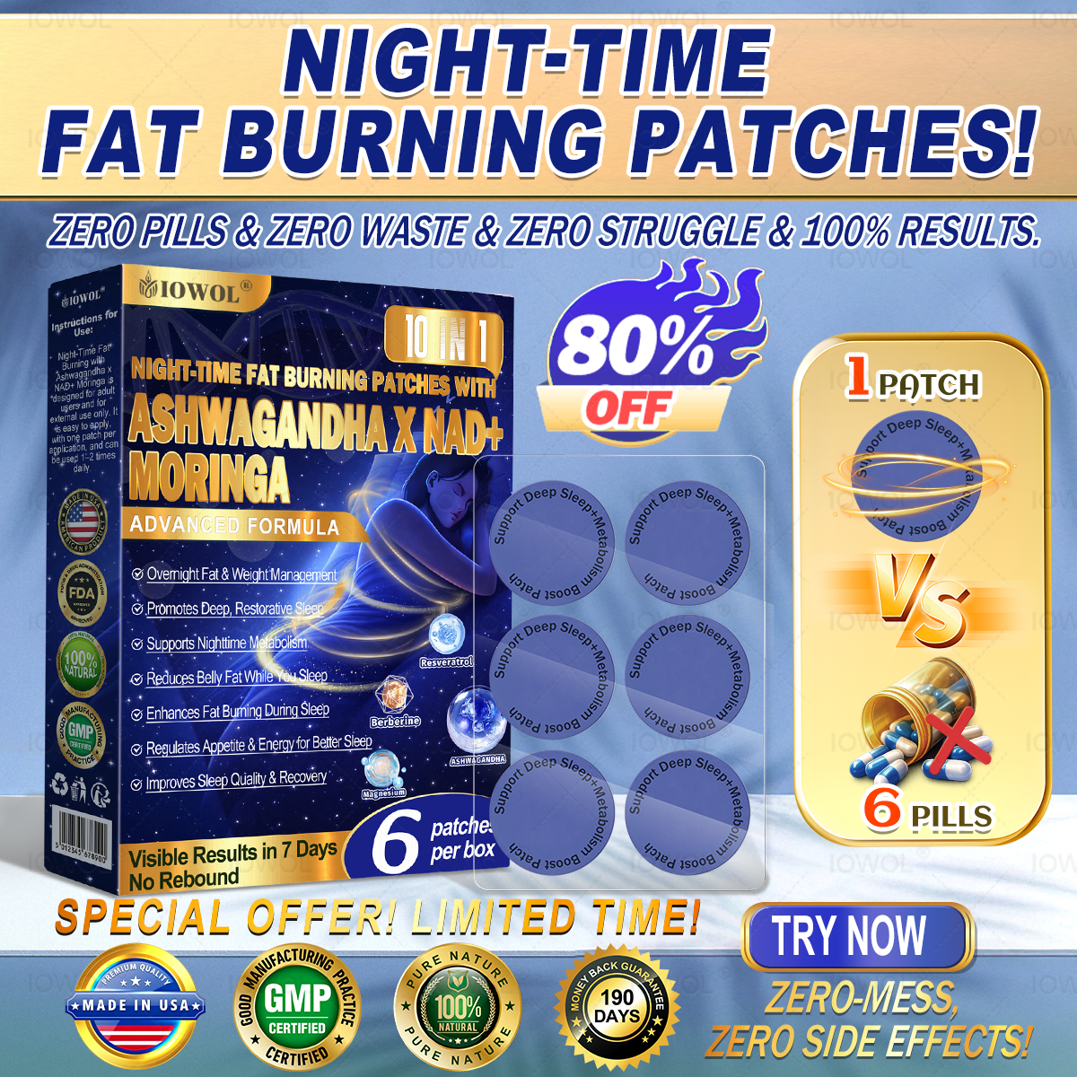 IOWOL® NACHT-FETTVERBRENNUNGS-PFLASTER! OHNE Tabletten & OHNE Abfall & OHNE Anstrengung – für Ihre tägliche Routine.